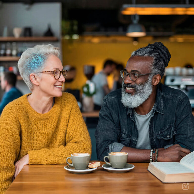 Produktbillede af Oticon Verit høreapparat. Mand og kvinde sidder på café. Blåt område i kvindens hjerne illustrere BrainHearing teknologi.