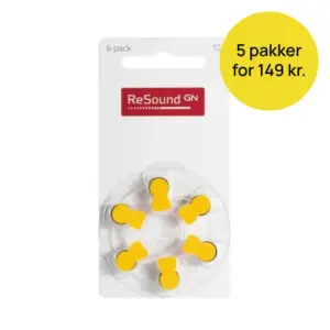 GN ReSound størrelse 10 batterier med gul markering og gult tilbudsmærke