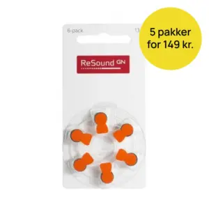 GN ReSound størrelse 13 batterier med orange markering og gult tilbudsmærke