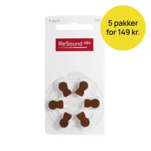GN ReSound størrelse 312 batterier med brun markering og gult tilbudsmærke