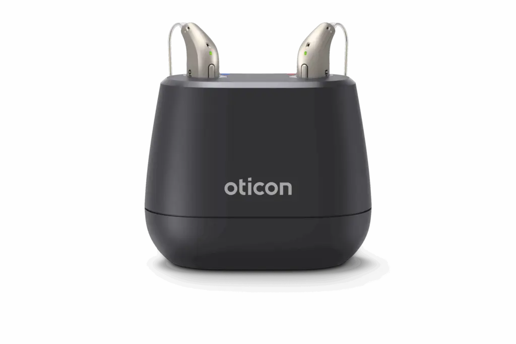 Oticon Charger miniRITE til Intent set forfra med to høreapparater