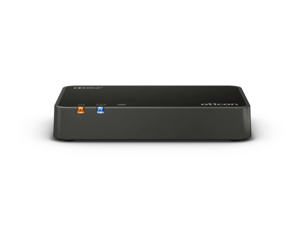 Sort Oticon TV Adapter 3.0 set forfra med statuslys