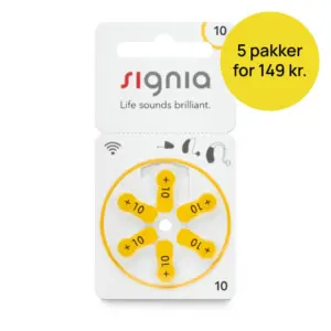 Signia størrelse 10 høreapparatbatterier med gult tilbudsmærke
